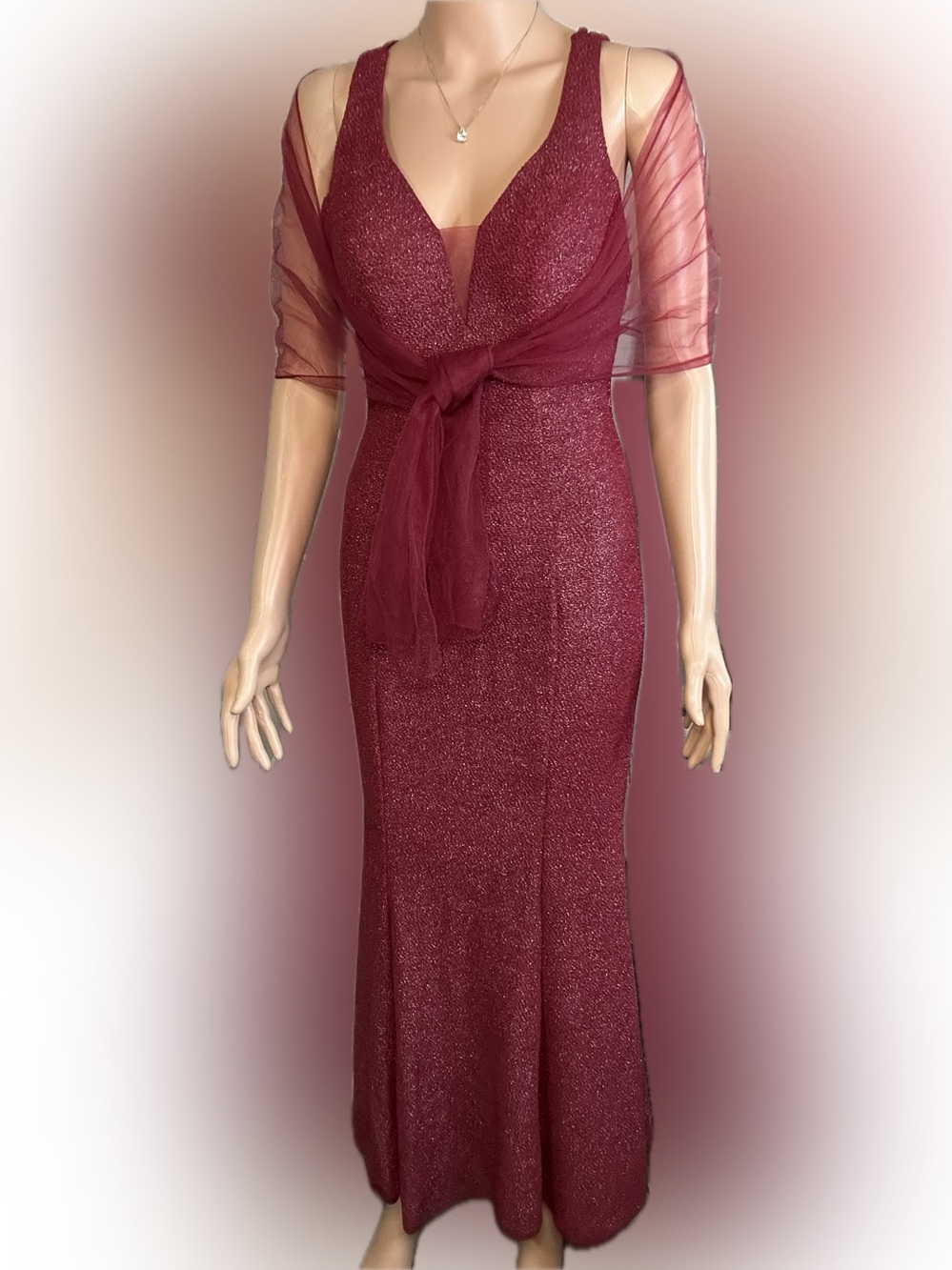 Elegant Burgundy Maxi Dress with Sheer Tie Shrug